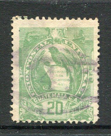 GUATEMALA - 1886 - CANCELLATION: 20c pale green LITHO 'Quetzal' issue fine used with light strike of LARGE NUMERAL '4' in purple, currently not attributed to a specific P.O. but possibly originating from ANTIGUA. (SG 35)  (GUA/31185)