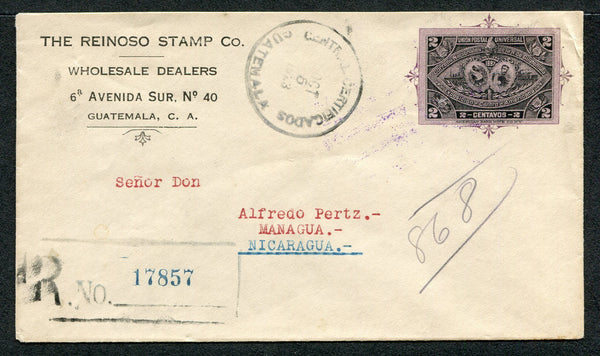 GUATEMALA - 1923 - POSTAL STATIONERY & STAMP DEALER: 2c black on lilac PSE (H&G B9) with printed 'The Reinoso Stamp Co. Wholesale Dealers 6a Avenida Sur No. 40 Guatemala C.A.' return address at top left franked on reverse with additional 1902 2p black & orange (SG 126) tied by CENTRAL CERTIFICADOS GUATEMALA cds dated OCT 5 1923 with second strike on front. Sent registered to NICARAGUA with boxed registration marking & various transit & arrival marks on reverse. Nice late use of this envelope.