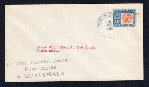 GUATEMALA - 1926 - PIONEER AIRMAILS: First Flight cover franked with 1921 1p 50c orange & blue (SG 169) tied by ESQUIPULAS cds dated 3 AUG 1926 flown on the ESQUIPULAS - GUATEMALA CITY inaugural flight with three line 'Primer correo aereo Esquipulas a GUATEMALA' cachet in purple. GUATEMALA CITY arrival cds on reverse. A rare flight only 140 covers carried. (Muller #4a, Goodman #AM5b)  (GUA/31255)