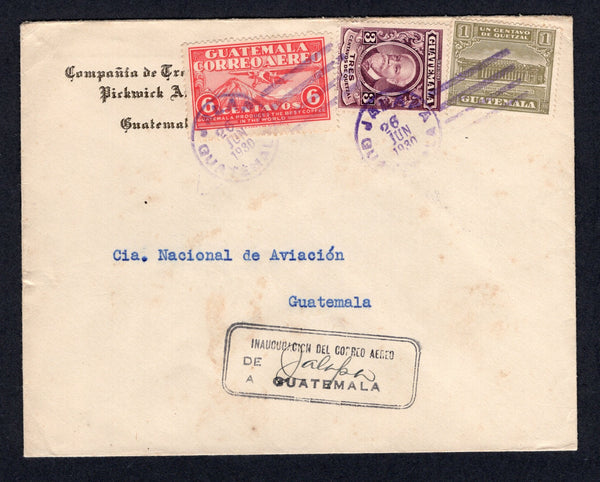 GUATEMALA - 1930 - FIRST FLIGHT: First Flight cover franked with 1929 3c purple, 1930 6c red AIR issue & 1927 1c olive green TAX issue (SG 230, 223 & 254) tied by JALAPA cds's dated 26 JUN 1930. Flown on the inaugural flight for the JALAPA - GUATEMALA CITY domestic route with boxed 'INAUGURACION DEL CORREO AEREO DE JALAPA A GUATEMALA' cachet in black with 'JALAPA' inserted in manuscript. GUATEMALA CITY arrival cds on reverse. A very scarce flight only. (Muller #Unlisted, Goodman #AM27b)  (GUA/31256)