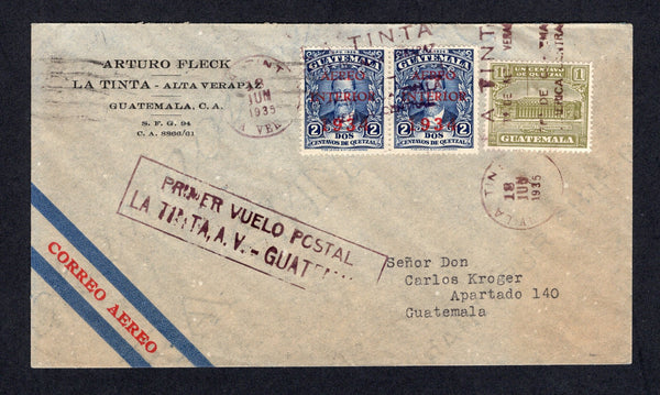 GUATEMALA - 1935 - FIRST FLIGHT: Airmail cover franked with pair 1934 2c  bright blue 'AEREO INTERIOR' overprint issue plus 1927 1c olive green TAX issue (SG 279 & 223) tied by LA TINTA cancels dated 18 JUN 1935. Flown on the LA TINTA - GUATEMALA CITY return flight with boxed 'PRIMER VUELO POSTAL LA TINTA A.V. - GUATEMALA' cachet in purple on front. GUATEMALA CITY arrival mark dated the same day on reverse. A scarce flight. (Muller #54 rated 1000pts, Goodman #AM34b)  (GUA/31262)