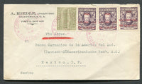 GUATEMALA - 1929 - FIRST FLIGHT: Cover with typed 'Via Aerea' underlined in red with strip of three 1928 1c on 2p 50c deep dull purple & 1927 1c olive green TAX issue (SG 226 & 223) tied by large CORREO AEREO GUATEMALA cds's dated in error 29 ABR 1929 (it should have been the 28th). Flown on the GUATEMALA CITY - MEXICO first flight. MEXICO CITY arrival cds on reverse dated 28 ABR 1929. A very rare flight. (Muller #11 rated 2500pts, Goodman #AM13)  (GUA/31273)