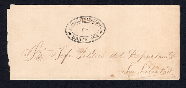 GUATEMALA - 1850 - PRESTAMP & OFFICIAL MAIL: Circa 1850. Undated wrapper with fine strike of undated oval 'JUZGADO MUNICIPAL DE SANTA ANA' cancel in black. Addressed to 'Sre Jefe Politico del departamto de LA LIBERTAD'.  (GUA/33910)