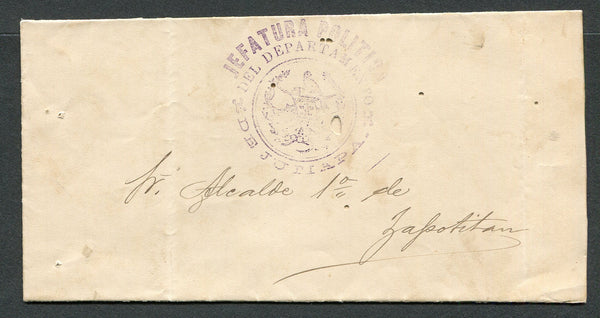 GUATEMALA - 1886 - OFFICIAL MAIL: Complete folded official letter with good strike of large 'JEFATURA POLITICO DEL DEPARTAMENTO DE JUTIAPA' Quetzal Arms cachet in purple on front with additional strike inside the letter. Addressed to ZAPOTITLAN. Cover has a few worm holes but still very presentable.  (GUA/33914)