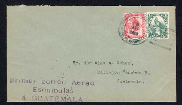 GUATEMALA - 1926 - PIONEER AIRMAILS: First Flight cover franked with 1924 50c carmine pink and 1p blue green 'Litho' issue (SG 197/198) tied by ESQUIPULAS cds dated 3 AUG 1926. Flown on the ESQUIPULAS - GUATEMALA CITY inaugural flight with three line 'Primer correo aereo Esquipulas a GUATEMALA' cachet in purple. GUATEMALA CITY arrival cds on reverse. A rare flight only 140 covers carried. (Muller #4a, Goodman #AM5b)  (GUA/33928)