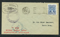 GUATEMALA - 1926 - PIONEER AIRMAILS: First Flight cover franked with 1926 1p 50c blue (SG 217) tied by GUATEMALA CITY cds dated AGO 29 1926. Flown on the GUATEMALA CITY - SANTA ROSA inaugural flight with large CORREO AEREO GUATEMALA cachet in purple and three line 'Via primer correo aereo GUATEMALA STA-ROSA' cachet in red. SANTA ROSA arrival cds on front. A rare flight only 160 covers carried. (Muller #5, Goodman #AM6a)  (GUA/33929)