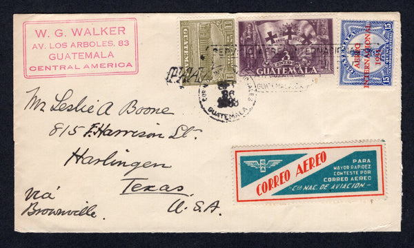 GUATEMALA - 1933 - AIRMAIL: Cover franked with 1931 15c ultramarine AIR issue, 1933 3c purple and 1927 1c olive green TAX issue (SG 262, 277 & 223) all tied by SERVICIO AEREO INTERNACIONAL PAA GUATEMALA CITY cancel in black dated SEP 23 1933. Addressed to USA with fine blue & red 'CNA Correo Aereo para mayor rapidez conteste por correo aereo Cia Nac. de Aviacion' airmail label on front.  (GUA/33940)