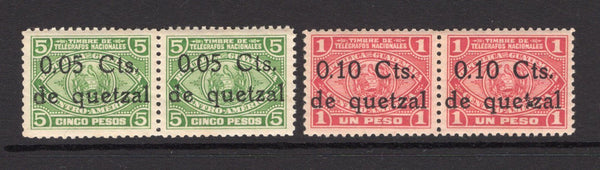 GUATEMALA - 1928 - TELEGRAPH ISSUE: 5c on 5p green and 10c on 1p carmine TELEGRAPH 'Surcharge' issue, both in fine mint pairs. (Barefoot #16/17)  (GUA/34794)