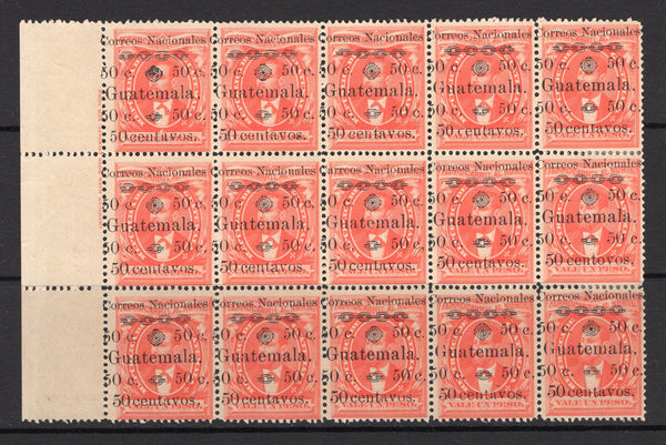 GUATEMALA - 1886 - RAILWAY BOND ISSUE: 50c on 1p vermilion 'Railway Bond' issue a fine mint block of fifteen with variety CENTOVOS & S IN NACIONALES INVERTED. A lovely multiple. (SG 27 & 27a)  (GUA/35218)
