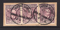 GUATEMALA - 1931 - CANCELLATION & MARITIME: 3c deep purple three copies tied on piece by two fine strikes of DEUTSCHE SEEPOST HAMBURG-AMERIKA LINIE 'Blank' cds dated 4. 11. 1931. (SG 230)  (GUA/35242)