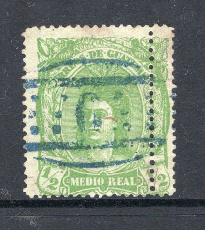 GUATEMALA - 1878 - CANCELLATION & VARIETY: ½r yellow green 'Indian Woman' issue a fine used copy with full strike of LARGE NUMERAL '6' of QUEZALTENANGO in blue with stamp showing variety DOUBLE ROW OF PERFORATIONS AT RIGHT. (SG 11 variety)  (GUA/35245)