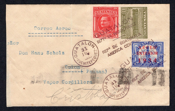 GUATEMALA - 1935 - AIRMAIL & DESTINATION: Cover franked with 1934 15c ultramarine with 'AEREO EXTERIOR 1934' overprint, 1929 5c carmine red and 1927 1c olive green TAX issue (SG 281, 232 & 223) tied by GUATALON SUCHITEPEQUEZ cds's dated 31 JUL 1935. Addressed to PANAMA with transit & arrival marks on reverse.  (GUA/35264)