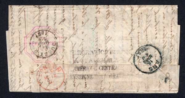 GUATEMALA - 1881 - BELGIAN COLONY IN GUATEMALA & STAMPLESS MAIL: Stampless folded letter with four line 'IMIGRATION BELGE A GUATEMALA AMERIQUE CENTRALE RENSEIGNEMENT GRATIS' handstamp in black on flap with COBAN cds in red on front dated FEB 6 1881 with '1,10' value in blue crayon just below and unframed 'T' in black. Addressed to BELGIUM with octagonal GUATEMALA cds in pink dated 9 FEB 1881 with LONDON transit and Belgian arrival marks all on reverse and '16' decimes rate marking in manuscript on front. A