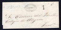 GUATEMALA - Circa 1850 - PRESTAMP & OFFICIAL MAIL: Stampless cover from CHIQUIMULA to GUATEMALA CITY with fine strike of oval 'ADMINISTRACION DE RENTAS DEL DEPARTAMENTO DE CHIQUIMULA' official cachet at top and boxed 'CHIQUIMULA' marking and '1' rate handstamp both in black alongside.  (GUA/38197)