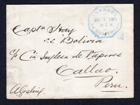 GUATEMALA - 1893 - CONSULAR MAIL & DESTINATION: Stampless cover with light strike of 'BRITISH CONSULATE GUATEMALA' Arms cachet on flap and octagonal GUATEMALA CITY cds in blue on front dated DEC 1 1893. Addressed to 'Capta Stay S.S. "Bolivia", c/o Inglesa de Vapores, Callao, Peru' with arrival cds on reverse. Unusual.  (GUA/38201)