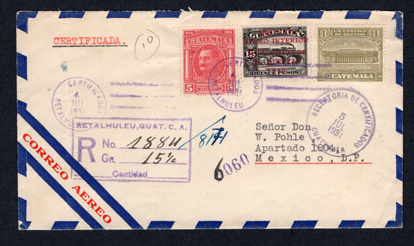 GUATEMALA - 1931 - AIRMAIL, MULTIPLE FRANKING & REGISTRATION: Registered airmail cover franked with 1929 5c carmine red, 1930 10c on 15p black AIR issue plus 1927 1c olive green TAX issue on front and block of six 1929 5c on 15p black AIR 'Surcharge' issue on reverse (SG 232, 259, 240 & 223) all tied by CERTIFICADOS RETALHULEU cds's dated 4 JUL 1931 with boxed 'RETALHULEU' registration marking in purple on front, Addressed to MEXICO with GUATEMALA CITY transit cds on front and Mexican arrival mark on rever