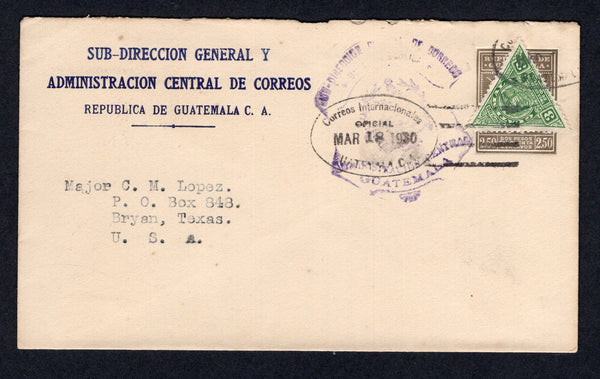 GUATEMALA - 1930 - OFFICIAL MAIL & POSTAL STATIONERY: 2.50p grey brown postal stationery envelope (H&G B15) with printed 'Sub-Direccion General Y Administracion Central de Correos Republica de Guatemala C.A.' OFFICIAL imprint at top left used with 1929 3c yellow green 'Triangular' OFFICIAL issue (SG O241) applied over the stamp imprint at top right and tied by oval CORREOS INTERNACIONALES OFICIAL GUATEMALA C.A. cancel in black dated MAR 18 1930 with purple official 'Arms' cachet alongside. Addressed to USA