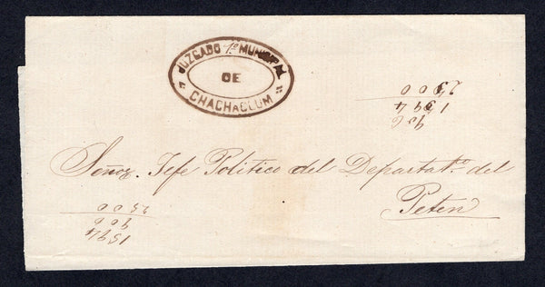GUATEMALA - 1850 - PRESTAMP & OFFICIAL MAIL: Circa 1850. Undated wrapper with fine strike of undated oval 'JUZGADO MUNICIPAL DE CHACHACLUM' cancel in black. Addressed to 'Sr Jefe Politico del departato del PETEN'.  (GUA/39083)