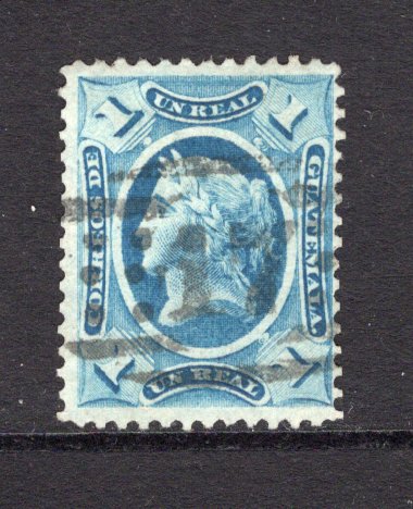 GUATEMALA - 1875 - CANCELLATION: 1r dull blue 'Liberty Head' issue used with good strike of LARGE NUMERAL '17' of JUTIAPA in black. Rare. (SG 10)  (GUA/39716)