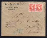 GUATEMALA - 1902 - REGISTRATION & CANCELLATION: Cover franked with pair 1866 10c scarlet vermilion 'Quetzal' issue on front tied by fine octagonal RODEO cds dated ABR 16 1902 and 1900 1c deep green and pair 2c rose carmine on reverse tied by partial strikes of the same cds (SG 48, 101 & 102). Sent registered with unframed 'R. No. 215' marking of RODEO and re-registered in transit with fine strike of OFICINA POSTAL DE SAN MARCOS cds dated 17 ABR 1902 with manuscript '852' registration number alongside all o