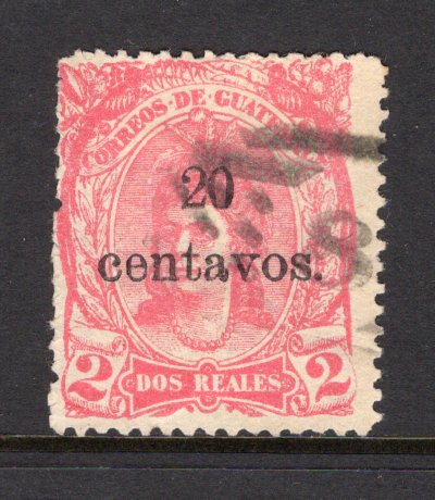 GUATEMALA - 1881 - FORGERY: 20c on 2r rose red 'Indian Woman' issue REPRINT on white paper, perf 12 with forged '20 centavos' overprint and forged LARGE NUMERAL '8' cancel in black. (As SG 20)  (GUA/40015)