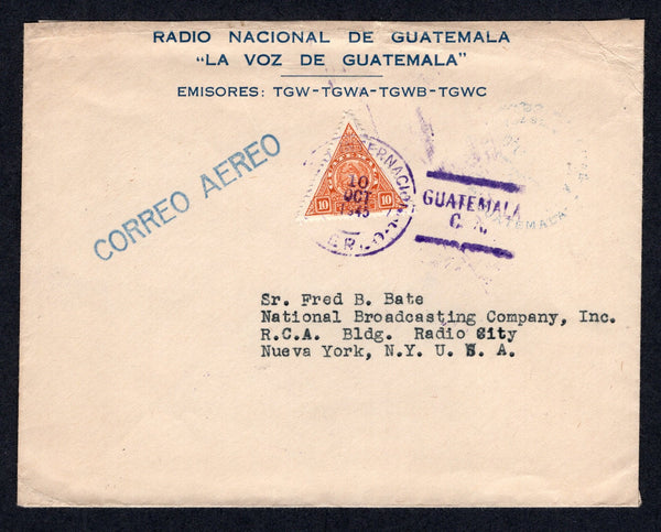 GUATEMALA - 1945 - OFFICIAL MAIL: Printed 'Radio Nacional de Guatemala "La Voz de Guatemala' OFFICIAL cover franked with 1929 10c orange brown 'Triangular' OFFICIAL issue (SG O244) tied by GUATEMALA CITY cancel in purple dated 10 OCT 1945 with feint official cachet on alongside Sent airmail to USA.  (GUA/40135)
