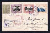 GUATEMALA - 1930 - COMMEMORATIVE ISSUE & REGISTERED POSTCARD: Registered black & white PPC 'En el camino real - Palin, Guatemala C.A.' showing mother and children at the side of a road franked on message side with 1930 'Opening of Los Altos Electric Railway' issue set of three and 1927 1c olive green TAX issue (SG 251/253 & 223) all tied by CENTRAL CERTIFICADOS GUATEMALA cds's dated 26 DIC 1930 with boxed registration marking alongside. Addressed locally within GUATEMALA CITY with CARTERO 26 GUATEMALA tran