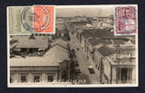 GUATEMALA - 1928 - REGISTERED POSTCARD: Black & white real photographic PPC '7. Av S. Guatemala #147' franked on picture side with 1926 2p orange and 5p purple 'Waterlow' issue plus 1927 1c olive green TAX issue (SG 218, 221 & 223) tied by CENTRAL CERTIFICADOS GUATEMALA cds's dated 20 AUG 1928 with boxed 'GUATEMALA' registration marking in black on reverse. Addressed to SWITZERLAND with arrival cds also on reverse.  (GUA/40663)