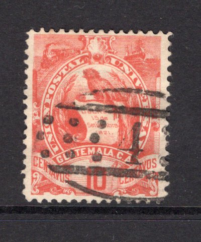 GUATEMALA - 1886 - CANCELLATION: 10c red LITHO 'Quetzal' issue superb used with fine strike of LARGE NUMERAL '4' in black of ANTIGUA. (SG 35)  (GUA/40877)