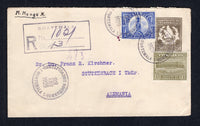 GUATEMALA - 1929 - POSTAL STATIONERY & REGISTRATION: 2.50p grey brown postal stationery envelope (H&G B15) used with added 1929 15c ultramarine and 1927 1c olive green TAX issue (SG 234 & 223) tied by CERTIFICADOS NOCTURNOS 1 GUATEMALA cds's dated 23 ABR 1928 with boxed registration marking alongside. Addressed to GERMANY with signed 'Currency Declaration' cachet on reverse with various transit and arrival marks.  (GUA/41070)