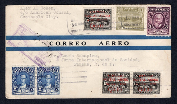 GUATEMALA - 1930 - FIRST FLIGHT: Cover franked with 1929 pair and single 5c on 15p black TRAIN issue with AIR overprint, pair 2c bright blue, 3c deep purple and 1927 1c olive green TAX issue (SG 240, 229/230 & 223) all tied by boxed CORREO AEREO INTERNACIONAL 16 MAR GUATEMALA, C.A. cancels. Flown on the GUATEMALA - PANAMA first flight by PAA with boxed PRIMER ENVIO POSTAL AEREO DE GUATEMALA A CENTRO, SUD - AMERICA Y ANTILLAS 16 DE MARZON DE 1930 'Airplane' cachet on reverse. Addressed to PANAMA with boxed 