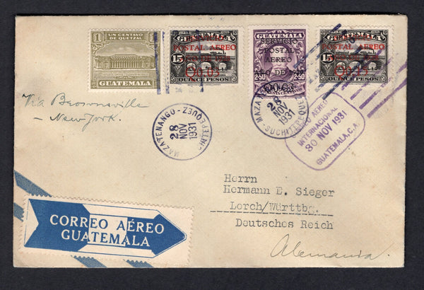 GUATEMALA - 1931 - AIRMAIL & CANCELLATION: Airmail cover franked with 1929 3c on 15p black and 15c on 15p black TRAIN issue with 'SERVICIO AEREO 1928' overprints, 1929 3c on 2p 50c purple and 1927 1c olive green TAX issue (SG 239, 241, 143 & 223) tied by MAZATENANGO SUCHITEPEQUEZ cds's dated 28 NOV 1931 with blue & white 'Correo Aereo Guatemala' airmail label and boxed CORREO AEREO INTERNACIONAL 30 NOV 1931 GUATEMALA, C.A. airmail transit mark alongside. Addressed to GERMANY.  (GUA/41087)