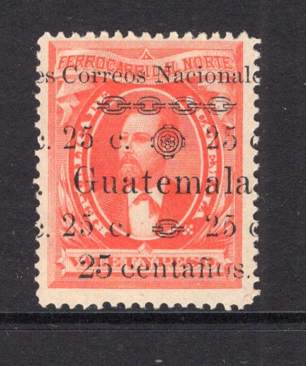 GUATEMALA - 1886 - RAILWAY BOND ISSUE: 25c on 1p vermilion 'Railway Bond' issue with variety CENTANOS, a fine mint copy. (SG 26b)  (GUA/41308)