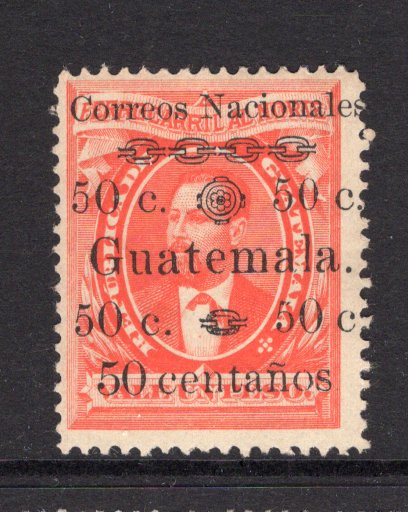 GUATEMALA - 1886 - RAILWAY BOND ISSUE: 50c on 1p vermilion 'Railway Bond' issue with variety CENTANOS, a fine mint copy. (SG 27b)  (GUA/41309)