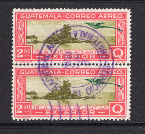 GUATEMALA - 1935 - AIRMAILS: 2q 50c sage green & carmine EXTERIOR 'Quetzal' AIR issue a fine cds used pair. (SG 319)  (GUA/41311)