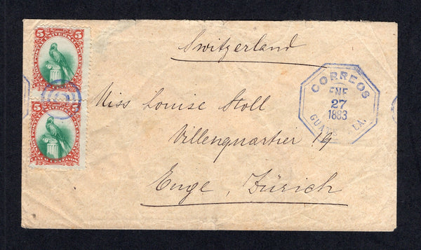 GUATEMALA - 1883 - QUETZAL ISSUE: Cover franked with pair 1881 5c green & red 'Quetzal' issue (SG 23) tied by octagonal CORREOS GUATEMALA duplex cancel in blue dated JAN 27 1883 struck slightly off the cover with second fine strike at right. Addressed to SWITZERLAND with transit & arrival marks on reverse. A fine and rare cover.  (GUA/41401)