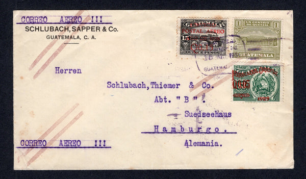 GUATEMALA - 1931 - AIRMAIL & TRAIN OVERPRINT: Cover franked with 1929 15c on 15p black AIR issue, 1929 5c on 3p deep green 'Opening of Railway between Guatemala and El Salvador' overprint issue and 1927 1c olive green TAX issue (SG 241, 245 & 223) all tied by SERVICIOAEREO INTERNACIONAL GUATEMALA cancels dated 15 ABR 1931. Addressed to GERMANY.  (GUA/41403)