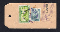 GUATEMALA - 1949 - PARCEL LABEL: Registered parcel label franked on one side with 1939 20c yellow green & green AIR issue and 1946 3c green (SG 394 & 449) tied by SERVICIO INTERNACIONAL CERTIFICADOS GUATEMALA cds dated 2 SET 1949 with boxed CERTIFICADOS EXTERIOR GUATEMALA registration marking in purple. Some creasing but unusual.  (GUA/41404)