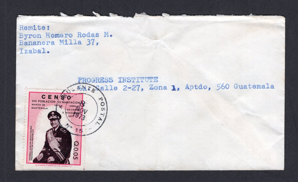 GUATEMALA - 1973 - TRAVELLING POST OFFICES: Cover from IZABAL with typed 'Remite Byron Homero Rodas M. Bananera Milla 37, Izabal' return address on front franked with 1973 5c deep maroon, cerise & black (SG 965) tied by good strike of AMBULANTE POSTAL NO. 15 cds dated 8 NOV 1973. Addressed to GUATEMALA CITY.  (GUA/41405)