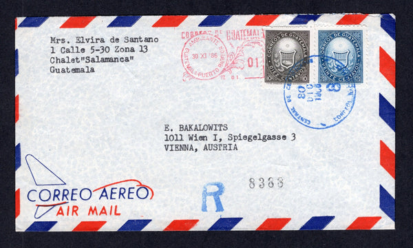 GUATEMALA - 1966 - TRAVELLING POST OFFICES: Registered airmail cover from GUATEMALA CITY with typed return address on front franked with 1963 10c olive brown and 20c blue (SG 686 & 688) tied by CENTRAL DE CERTIFICADOS CORREOS NACIONALES '8' cds in blue dated 30 DIC 1966 with fine CORREOS DE GUATEMALA AMBULANTE GUATEMALA - PUERTO BARRIOS 1c red METERMARK alongside and registration marking below. Addressed to AUSTRIA. An unusual Ambulante metermark.  (GUA/41406)