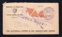 GUATEMALA - 1935 - OFFICIAL MAIL & COFFEE THEMATIC: Printed 'Ministerio de Agricultura Oficina Central del Cafe' OFFICIAL cover franked with 3 x 1929 10c orange brown 'Triangular' OFFICIAL issue (SG O244) tied GUATEMALA CITY cds's dated 9 MAR 1935 with nice circular 'OFICINA CENTRAL DEL CAFE official cachet in purple on front. Sent airmail to HOLLAND with straight line 'CORREO AEREO' handstamp & 'JUSQU'A' mark also on front.  (GUA/41407)