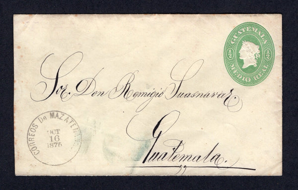GUATEMALA - 1875 - POSTAL STATIONERY: ½r light green on amber 'Liberty' postal stationery envelope (H&G B1, the first printing) used with CORREOS DE MAZATENANGO cds in black dated OCT 16 1875. Addressed to GUATEMALA CITY. A rare envelope in used condition and very early use in the first six months of issue. The reverse has some light tone spotting but otherwise fine looking.  (GUA/41518)