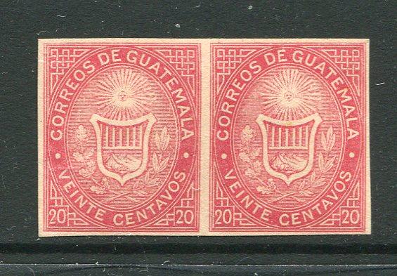 GUATEMALA - 1871 - CLASSIC ISSUES: 20c rose carmine a fine IMPERF pair mint with full gum. (SG 4a)  (GUA/4415)