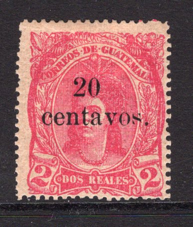 GUATEMALA - 1881 - SURCHARGES: 20c on 2r rose red 'Decimal Currency' surcharge issue, a fine mint copy with gum. (SG 20)  (GUA/4435)