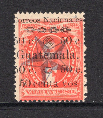 GUATEMALA - 1886 - RAILWAY BOND ISSUE: 50c on 1p vermilion 'Railway Bond' issue with variety CENTA  VOS a fine used copy. (SG 27 variety, Goodman #28e)  (GUA/4446)
