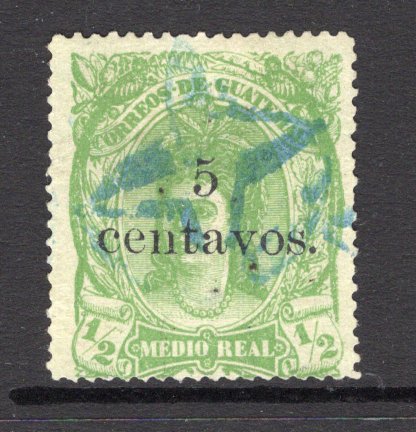 GUATEMALA - 1881 - SURCHARGES: 5c on ½r yellow green 'Decimal Currency' surcharge issue, a fine used copy with blue 'Star' outline cancel. (SG 18)  (GUA/5329)