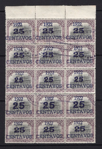 GUATEMALA - 1922 - MULTIPLE: 25c on 75c black & lilac, a fine used top marginal block of fifteen with GUATEMALA CITY cds's dated 8 SET 1924 showing overprint types A, B & C. Scarce used multiple. (SG 187A, 187B & 187C)  (GUA/5437)