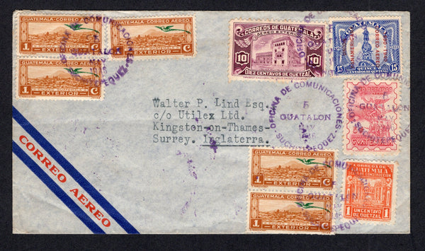 GUATEMALA - 1946 - CANCELLATION: Airmail cover franked with 1935 1c yellow brown (5 copies), 10c purple, 15c blue PANAM AIR opt, 5c red & 1c orange (SG 307, 408, 422, 431 & 430) all tied by multiple strikes of OFICINA DE COMUNICACIONES GUATALON SUCHITEPEQUEZ cds dated 5 MAY 1946. Addressed to UK.  (GUA/575)