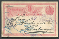 GUATEMALA - 1902 - CANCELLATION: 3c rose postal stationery card (H&G 4) used with fine strike of boxed ADMN DE CORREOS DE SAN MARCO cancel in purple. Addressed to GERMANY with transit and arrival marks.  (GUA/6237)