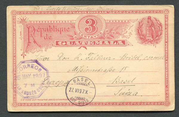 GUATEMALA - 1897 - CANCELLATION: 3c rose postal stationery card (H&G 4) used with good strike of octagonal CORREOS SAN ANDRES OSUNA cds in purple dated 25 MAY 1897. Addressed to SWITZERLAND with ANTIGUA & GUATEMALA CITY transit marks on reverse and Swiss arrival mark on front.  (GUA/9409)
